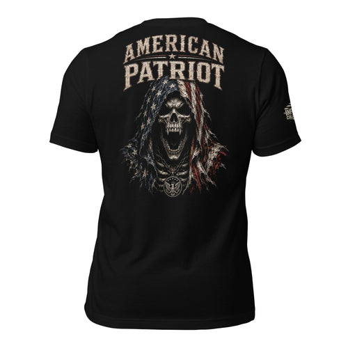 Back view of black tee featuring American Patriot hooded reaper wrapped in torn American flag cloth design