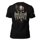 Black tee with back print featuring an American flag skull, Statue of Liberty torch, dagger graphic, and the text American Temper