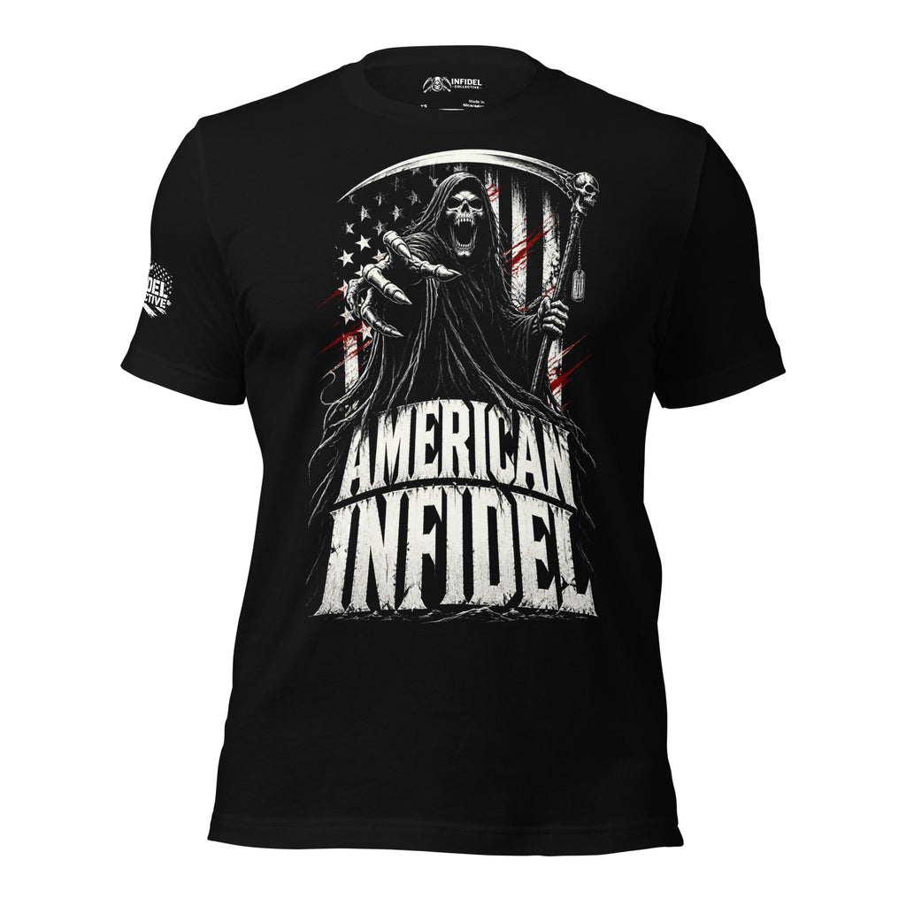 American Vet patriotic reaper graphic black tee with dog tags and scythe