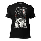 American Vet patriotic reaper graphic black tee with dog tags and scythe