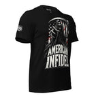 American Vet patriotic reaper graphic black tee with dog tags and scythe
