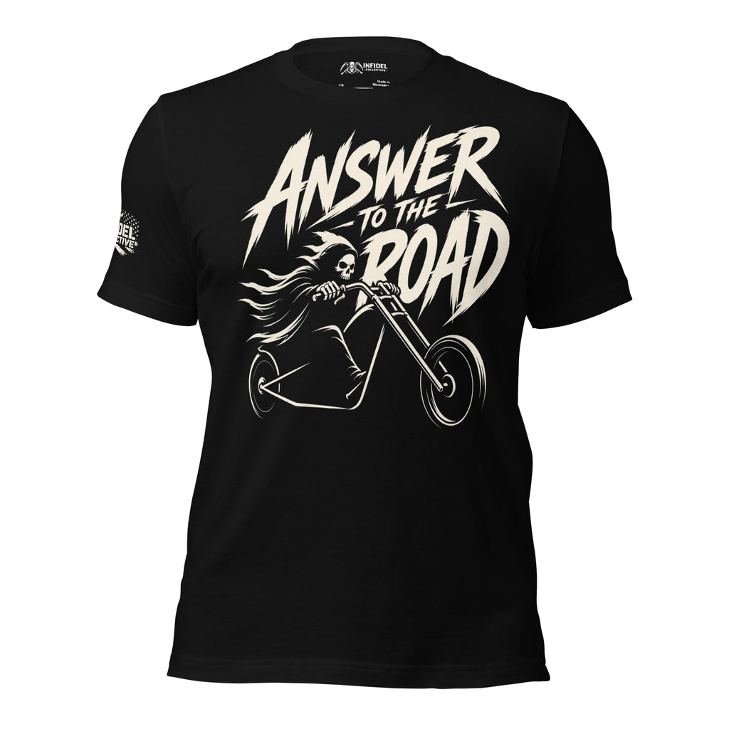 Answer the Road flame skull graphic black tee from Infidel Collective