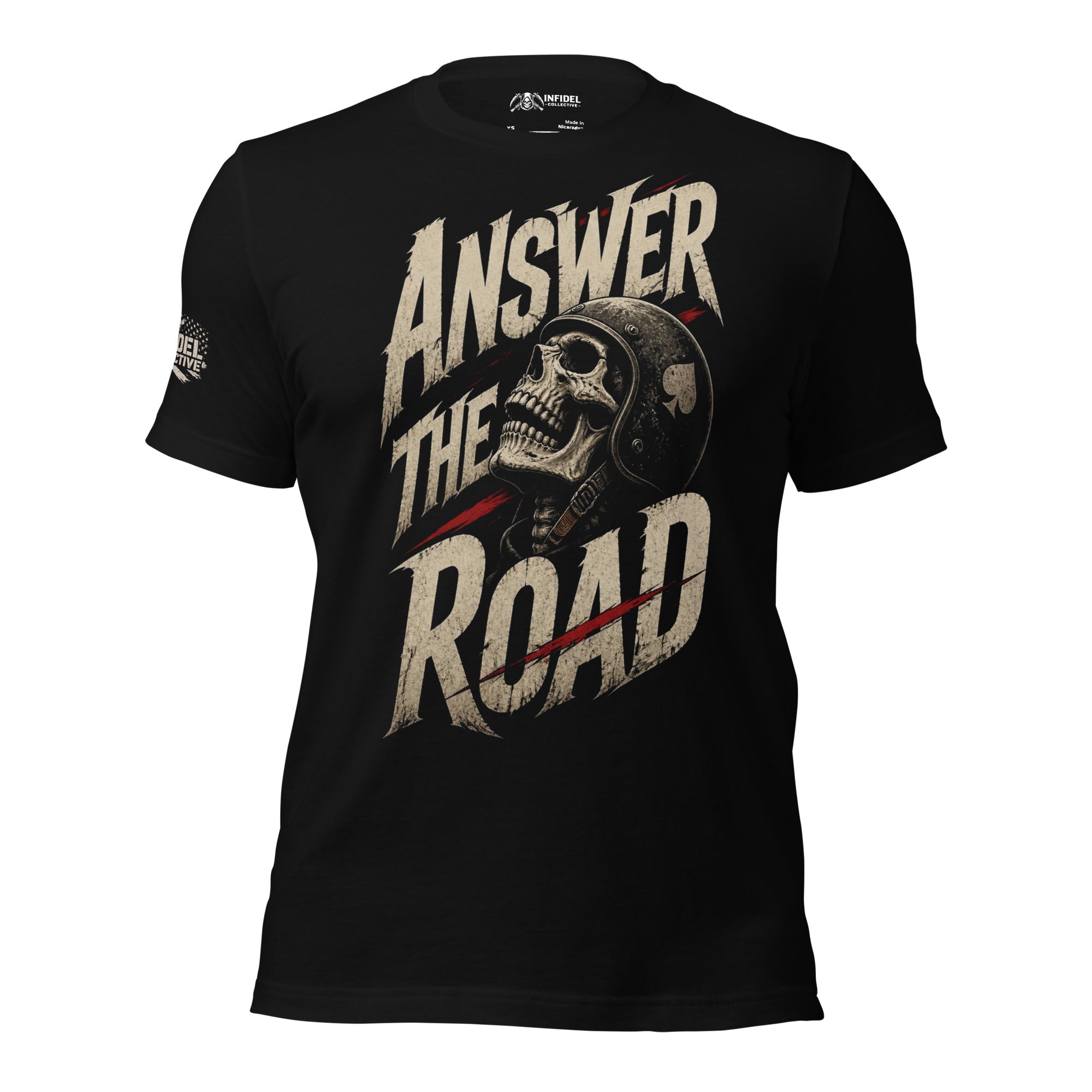 Answer the Road bold text graphic black tee from Infidel Collective