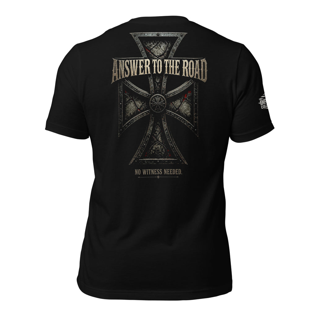 Answer to the Road iron cross compass back print black tee from Infidel Collective