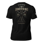 Answer to the Road iron cross compass back print black tee from Infidel Collective