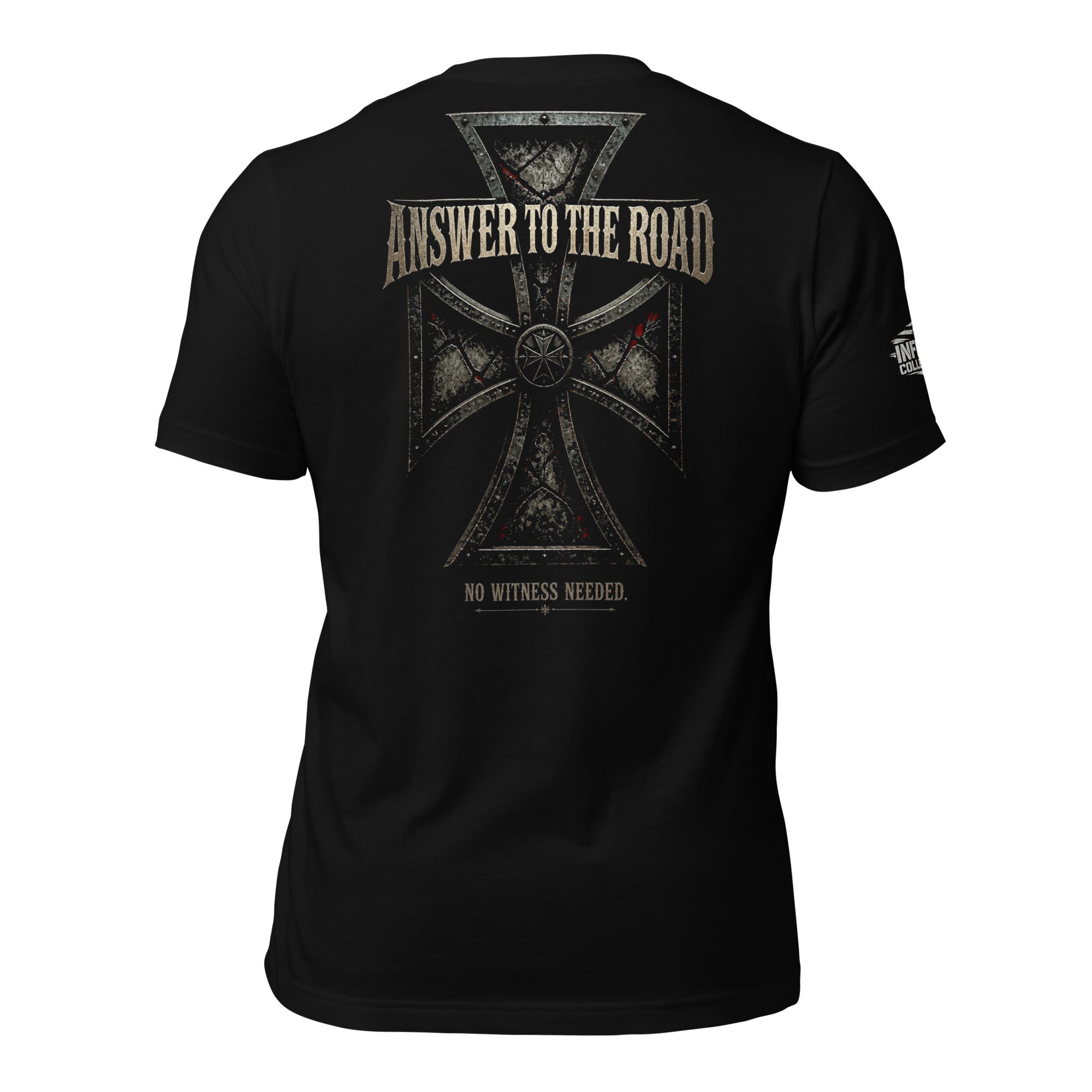 Answer to the Road iron cross compass back print black tee from Infidel Collective