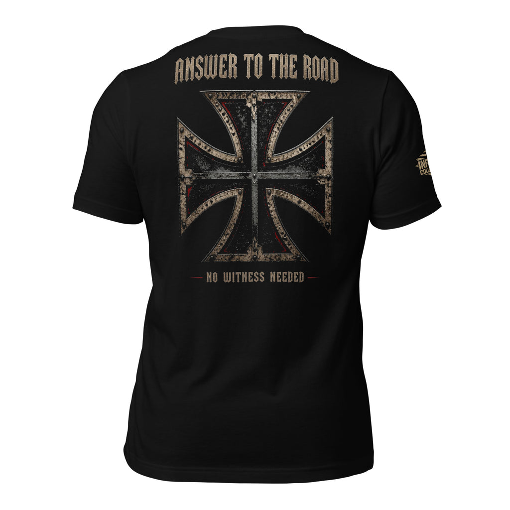 Answer to the Road iron cross back print black tee from Infidel Collective