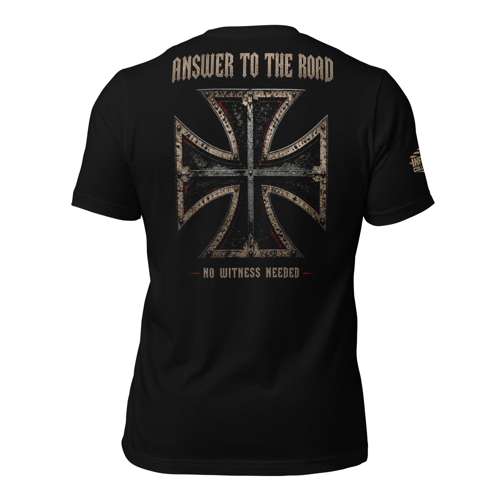 Answer to the Road iron cross back print black tee from Infidel Collective