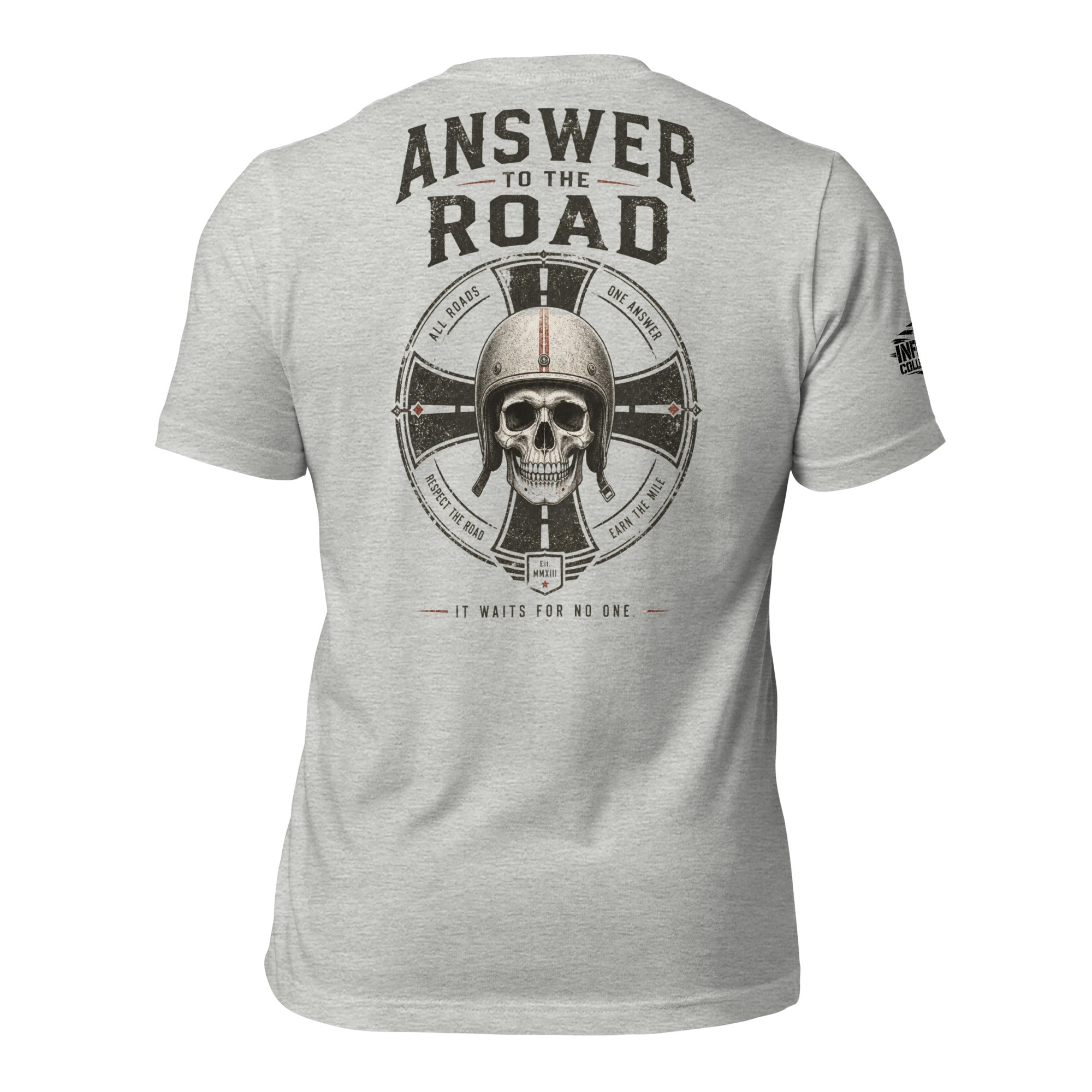 Answer to the Road iron cross skull back print gray tee from Infidel Collective