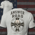 Answer to the Road helmet skull inside an iron cross wheel design back print athletic heather tee from Infidel Collective