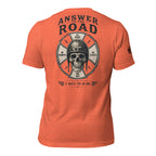 Answer to the Road skull helmet back print orange tee from Infidel Collective