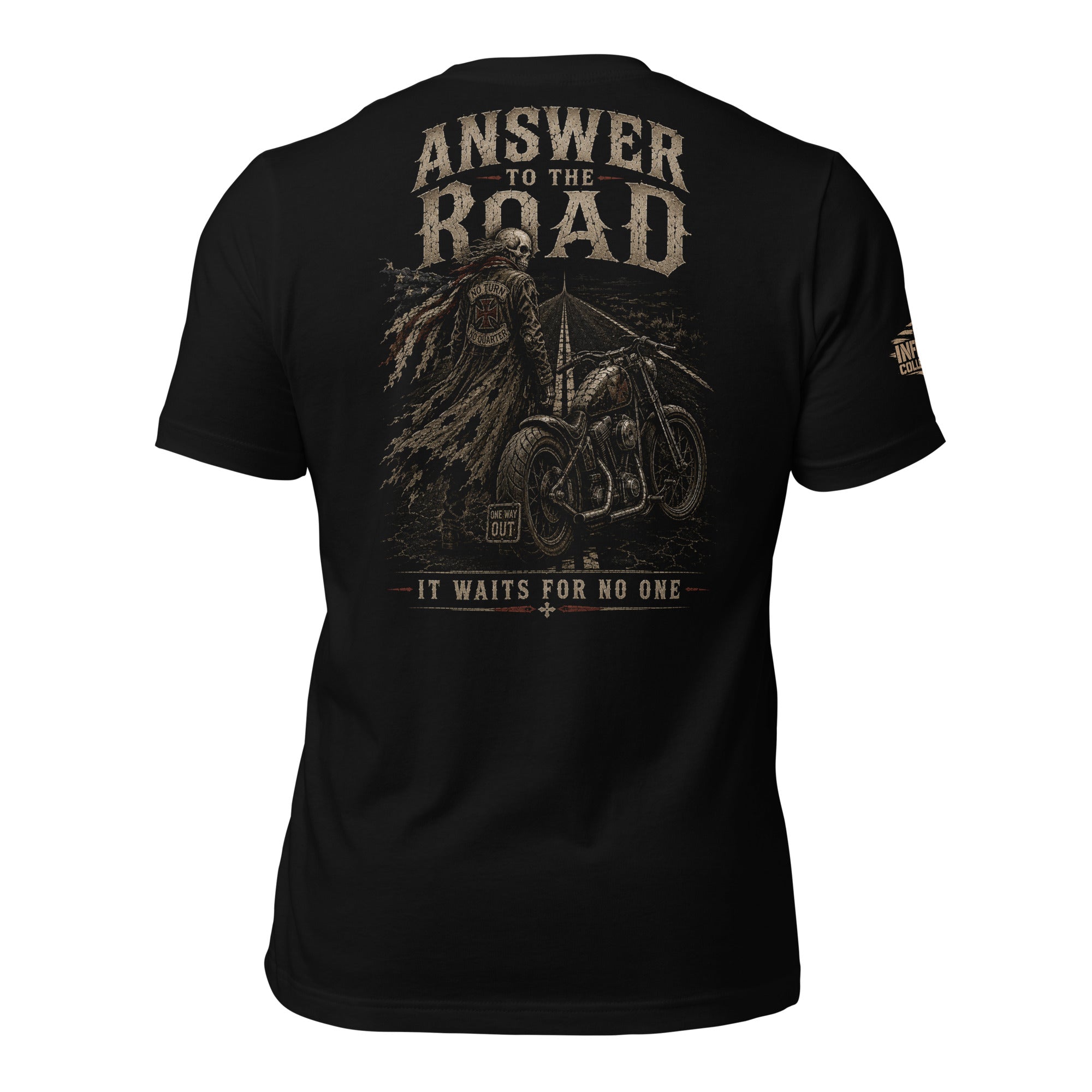 Answer to the Road lone rider highway back print black tee from Infidel Collective
