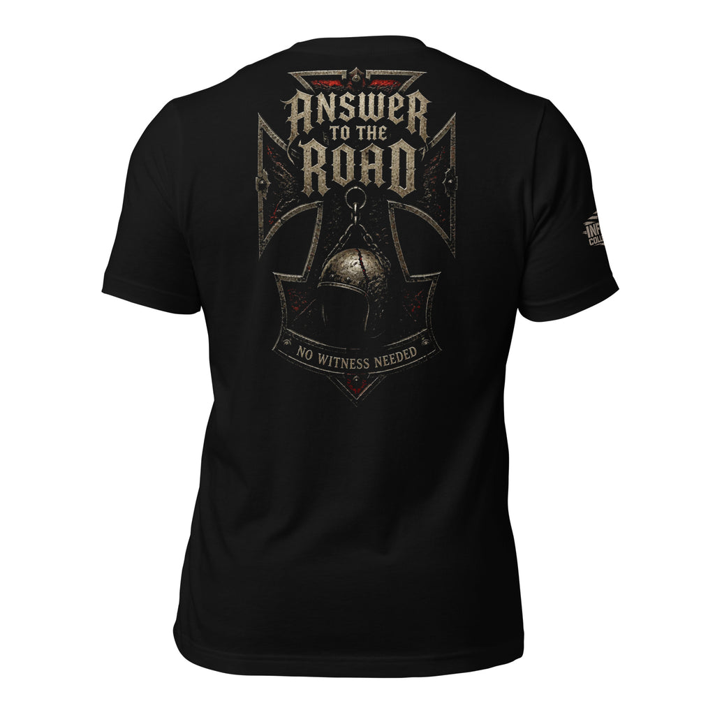 Answer to the Road no witness iron cross back print black tee from Infidel Collective