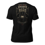 Answer to the Road no witness iron cross back print black tee from Infidel Collective