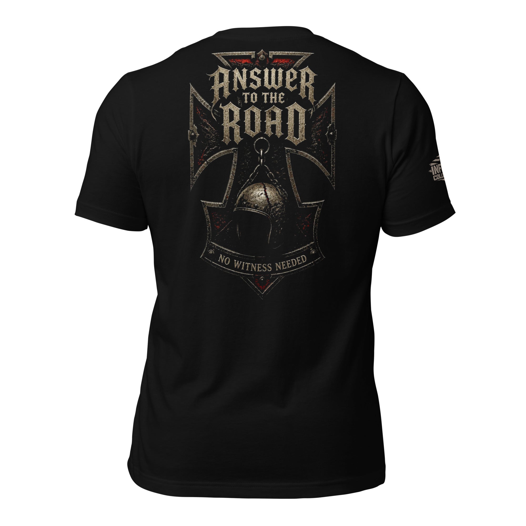 Answer to the Road no witness iron cross back print black tee from Infidel Collective