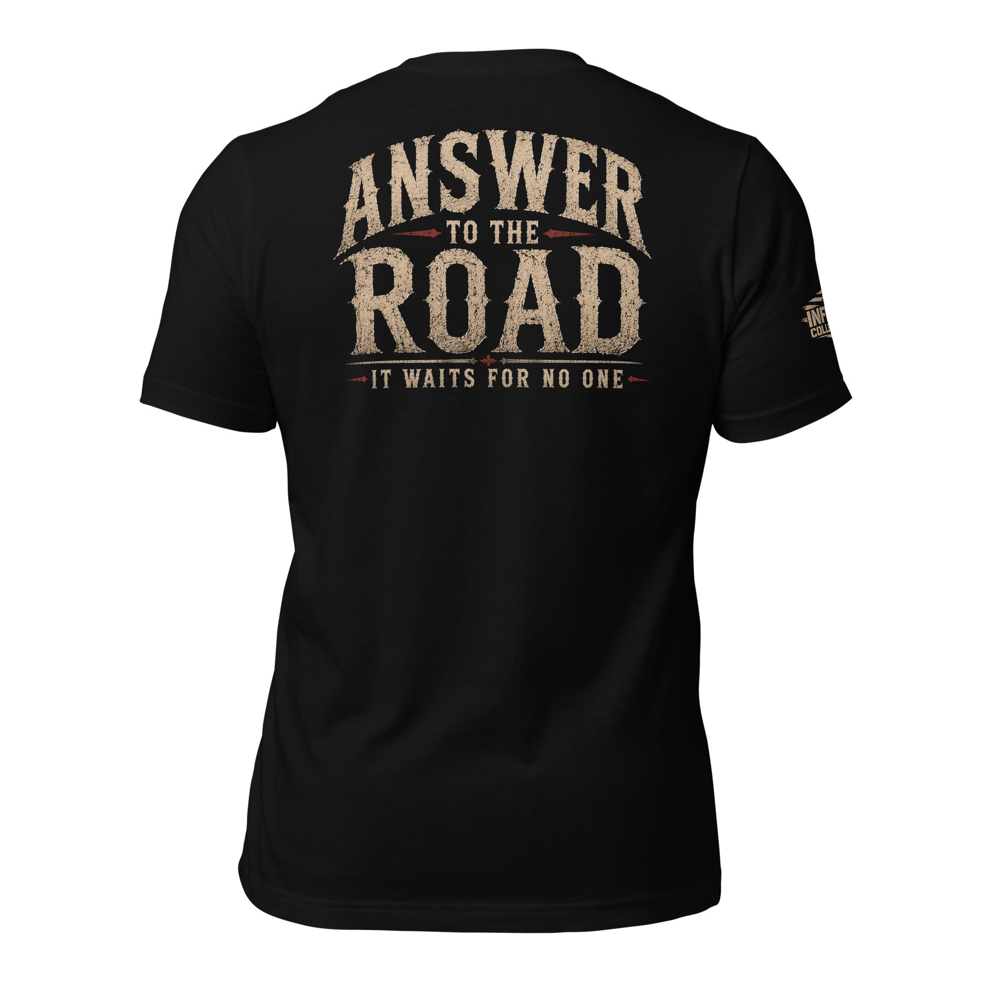 Answer to the Road no witness back print black tee from Infidel Collective