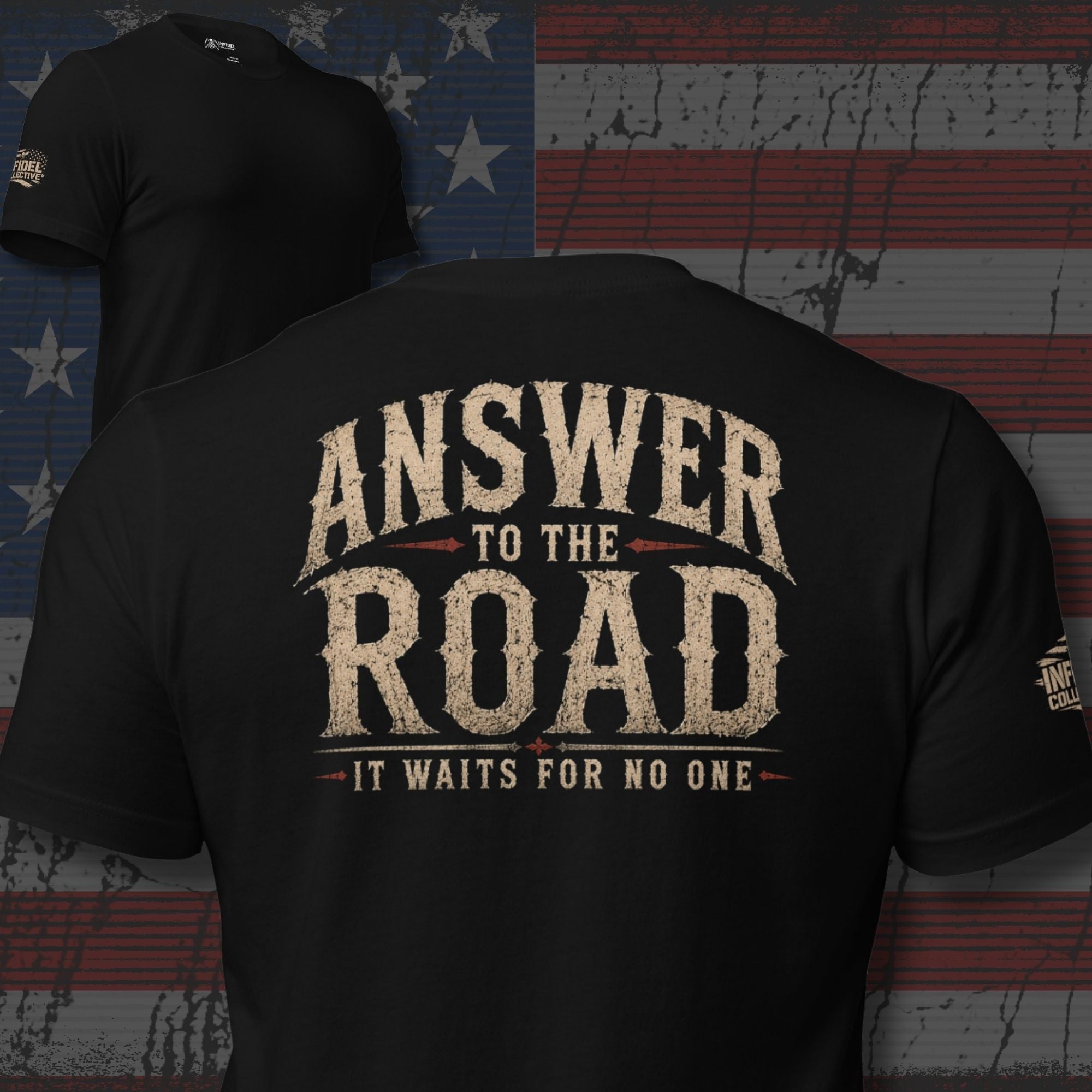 Answer to the Road no witness back print black tee from Infidel Collective