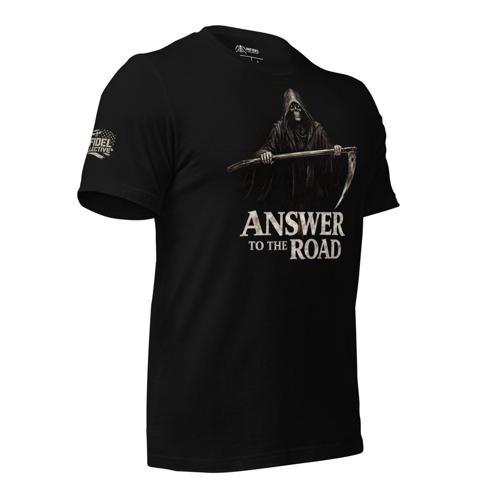 Answer to the Road reaper with scythe graphic black tee from Infidel Collective