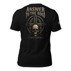 Answer to the Road skull back print black tee from Infidel Collective