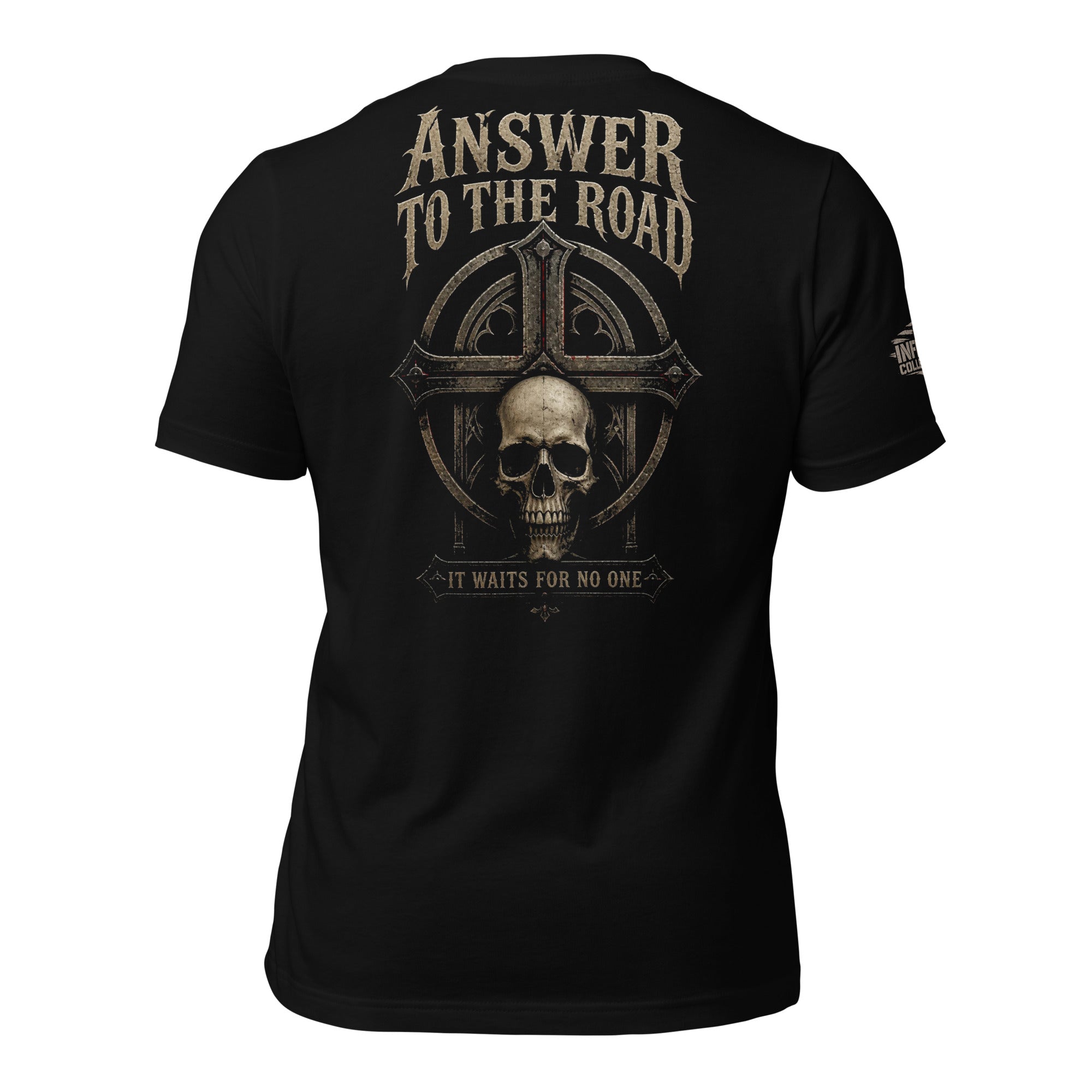 Answer to the Road skull back print black tee from Infidel Collective