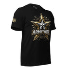 Army Wife star badge patriotic women’s front print black tee from Infidel Collective