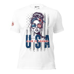 Made In America USA front print tee with patriotic woman wearing American flag sunglasses and headband on white shirt
