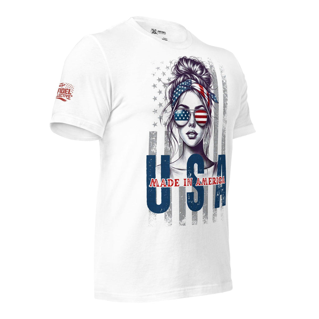 Made In America USA front print tee with patriotic woman wearing American flag sunglasses and headband on white shirt