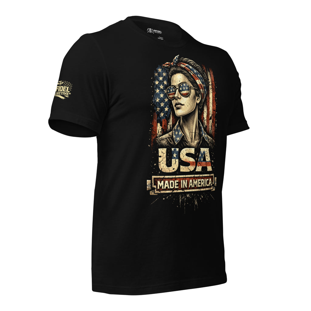 Black front print t-shirt featuring a patriotic woman wearing American flag sunglasses with USA Made In America text
