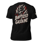 Baptized in Gasoline flaming skull back print black tee from Infidel Collective