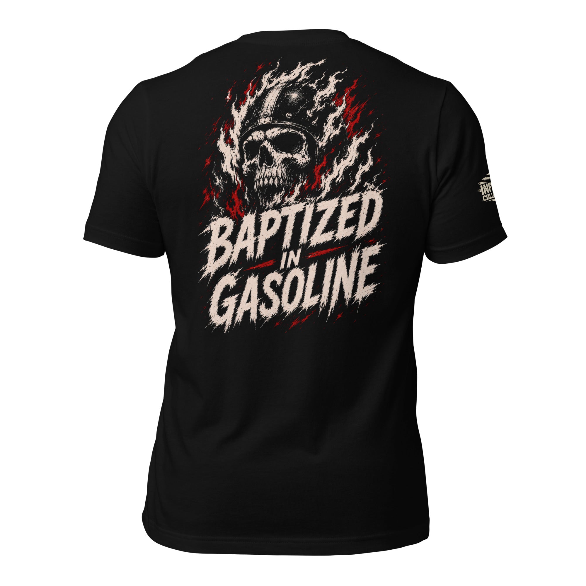 Baptized in Gasoline flaming skull back print black tee from Infidel Collective