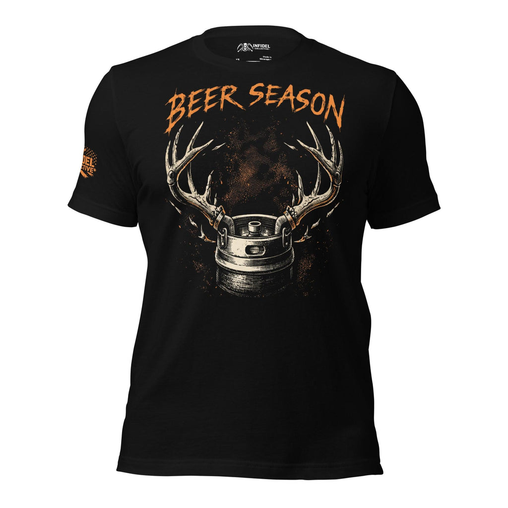 Black tee with Beer Season front print featuring a beer keg with deer antlers and distressed hunting-themed artwork
