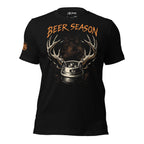 Black tee with Beer Season front print featuring a beer keg with deer antlers and distressed hunting-themed artwork