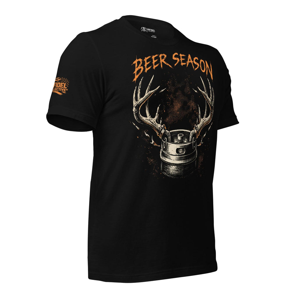 Black tee with Beer Season front print featuring a beer keg with deer antlers and distressed hunting-themed artwork