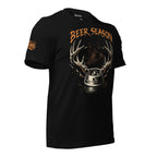 Black tee with Beer Season front print featuring a beer keg with deer antlers and distressed hunting-themed artwork