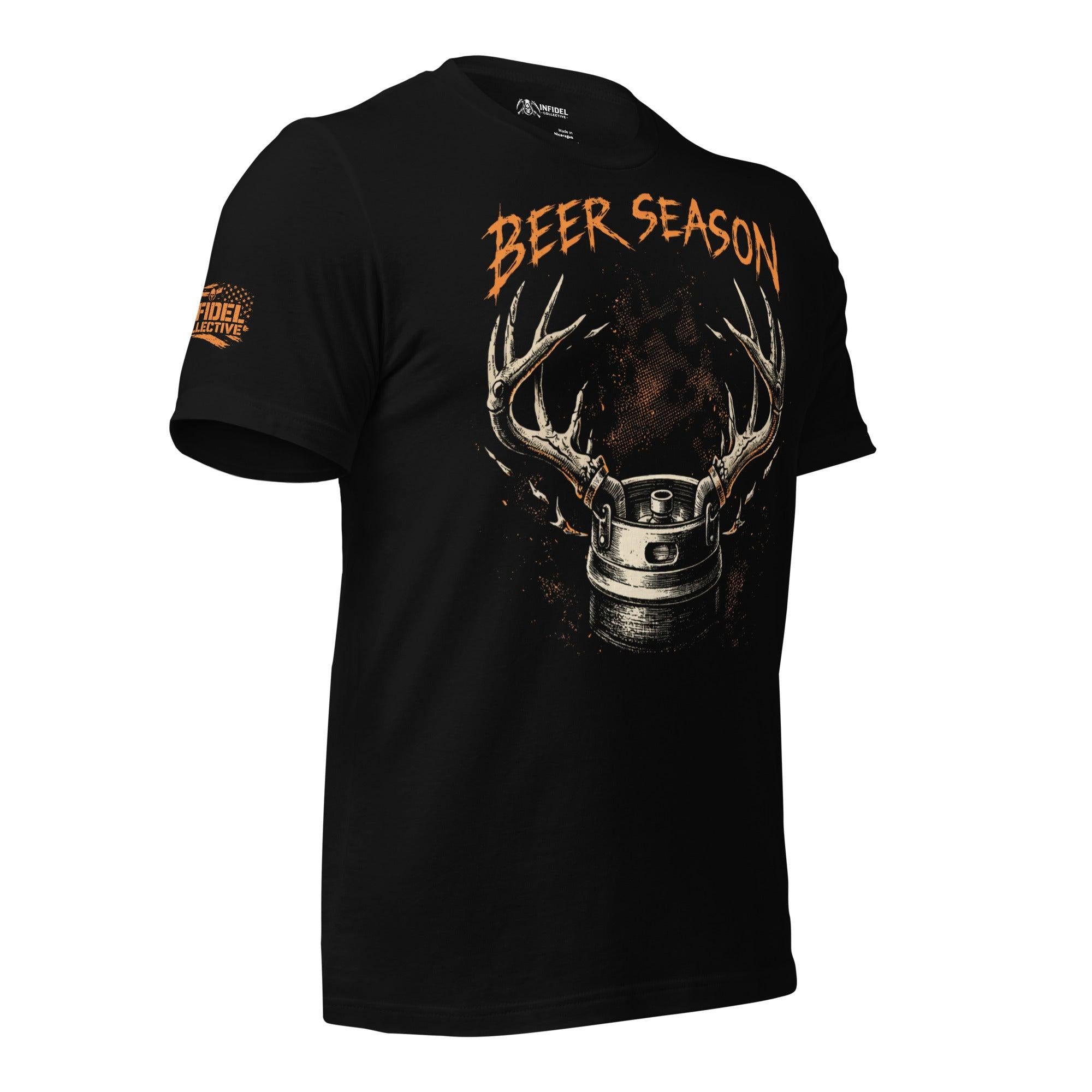 Black tee with Beer Season front print featuring a beer keg with deer antlers and distressed hunting-themed artwork