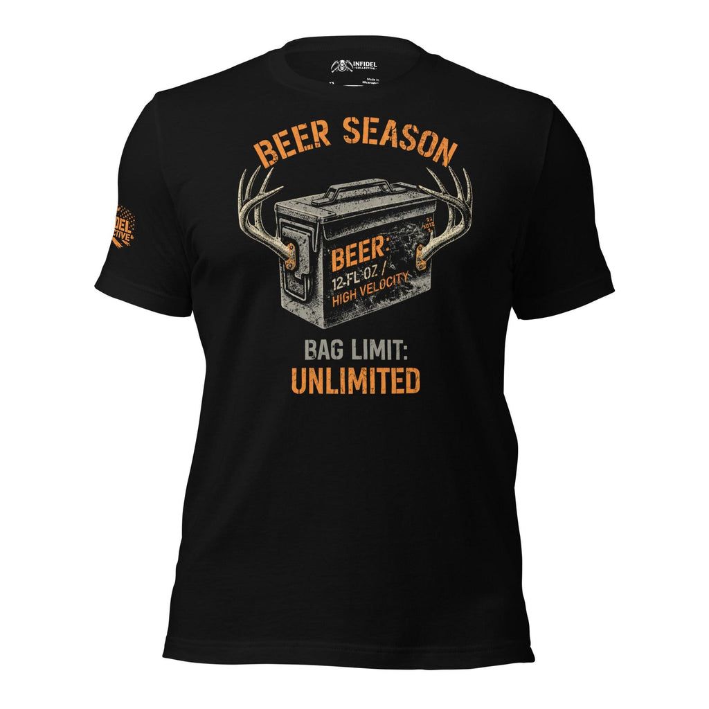 Black tee with Beer Season Bag Limit Unlimited front print featuring a beer case with deer antlers and distressed orange and white lettering
