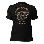 Black tee with Beer Season Bag Limit Unlimited front print featuring a beer case with deer antlers and distressed orange and white lettering