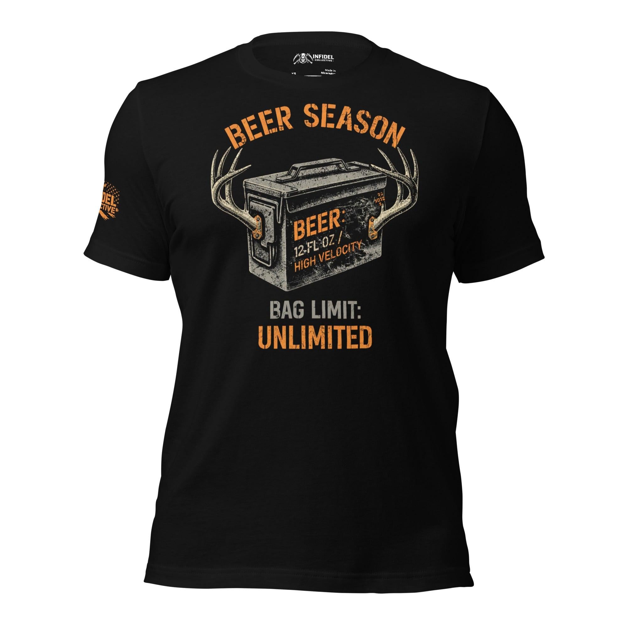 Black tee with Beer Season Bag Limit Unlimited front print featuring a beer case with deer antlers and distressed orange and white lettering
