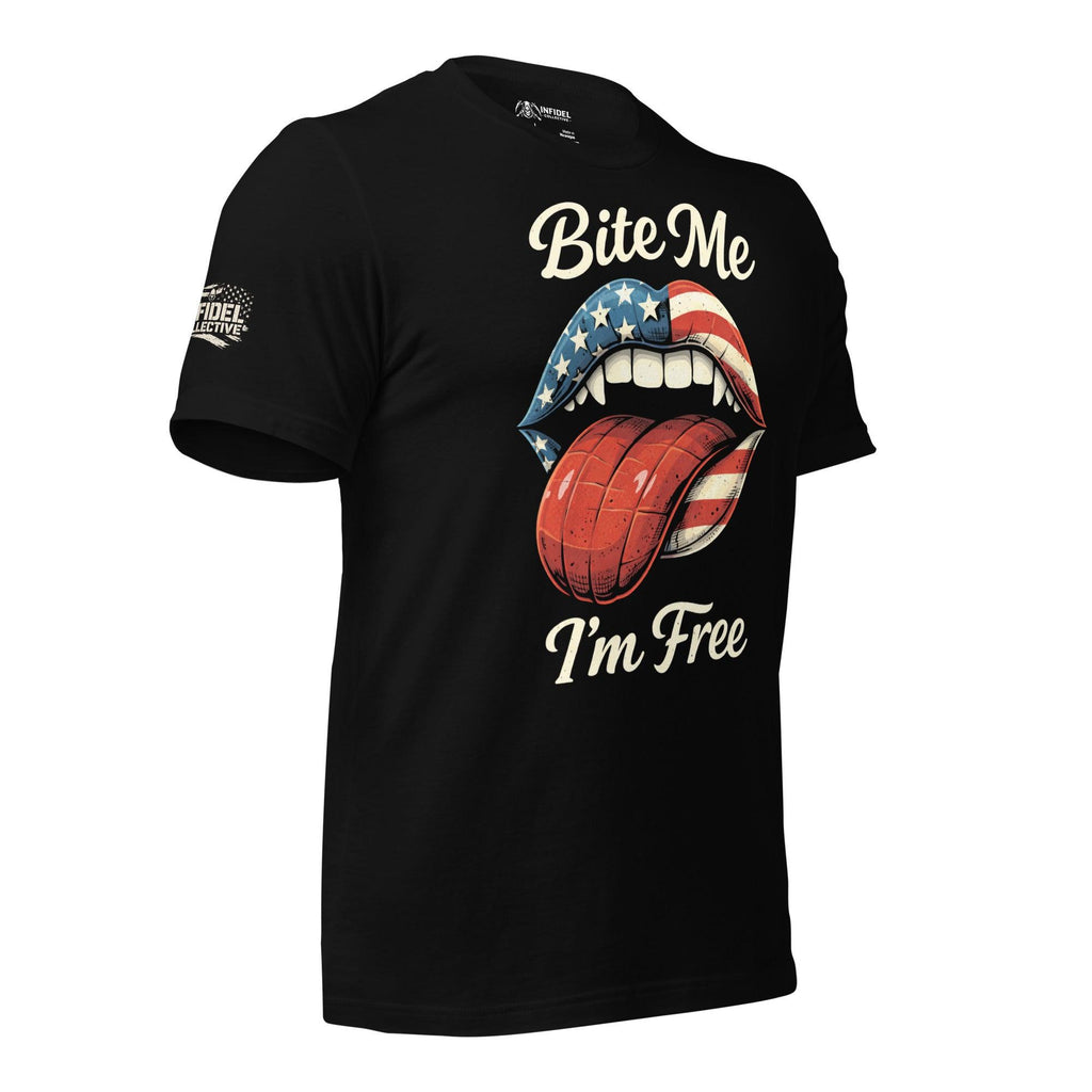 Bite Me I’m Free flag lips women’s front print black tee from Infidel Collective