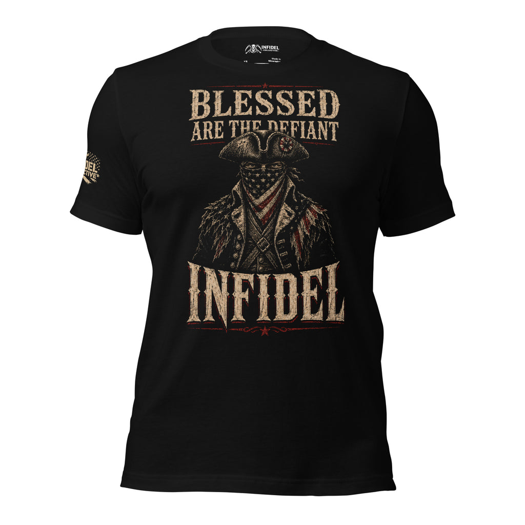 Blessed Are the Defiant Infidel front graphic black tee from Infidel Collective