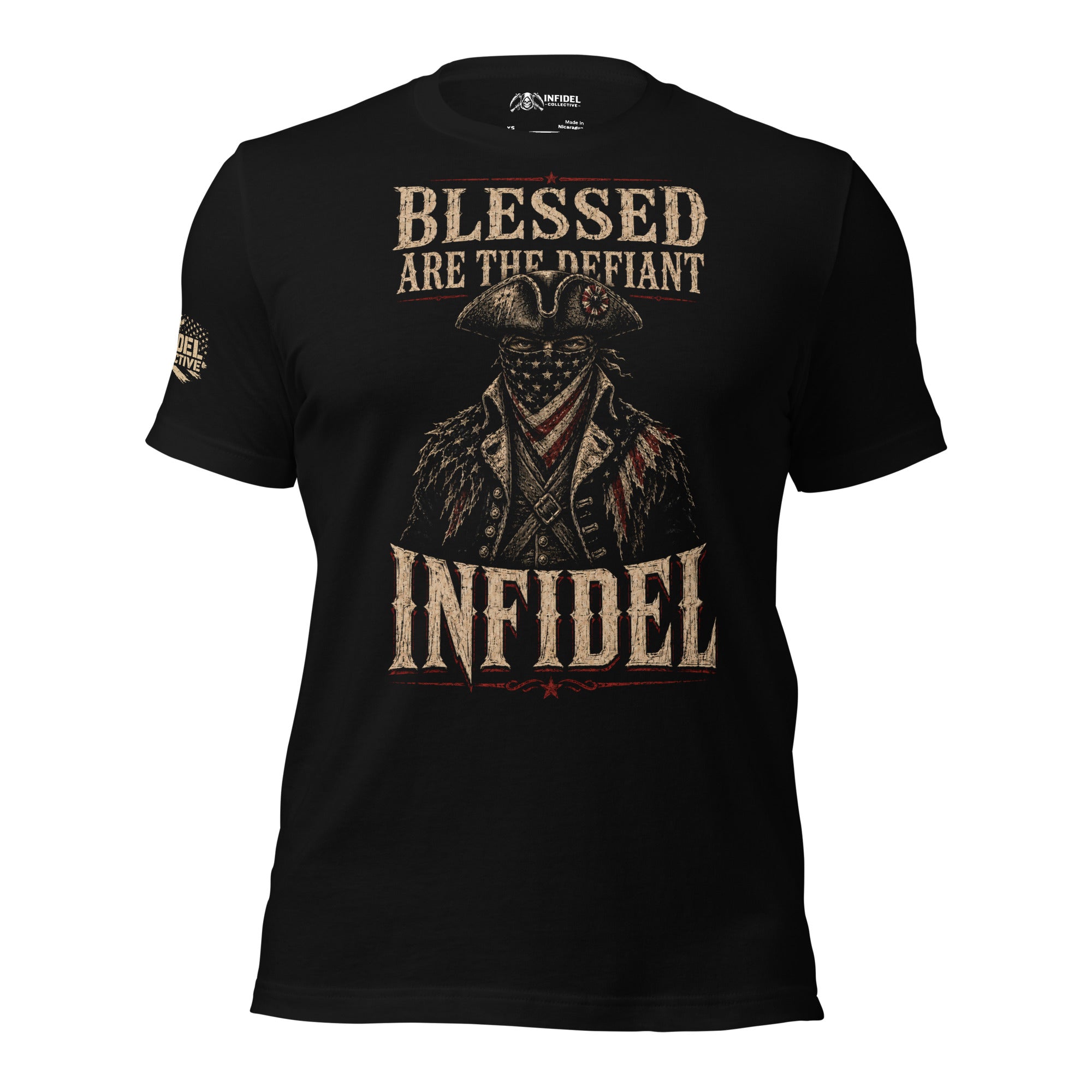 Blessed Are the Defiant Infidel front graphic black tee from Infidel Collective