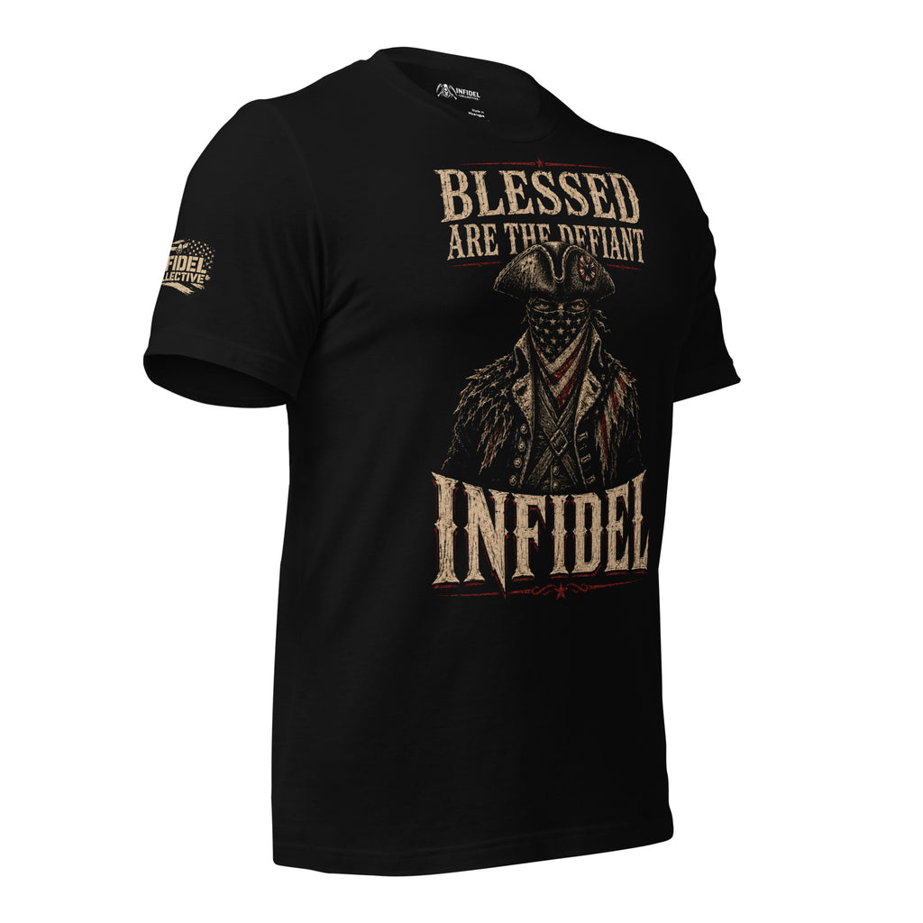 Blessed Are the Defiant Infidel front graphic black tee from Infidel Collective