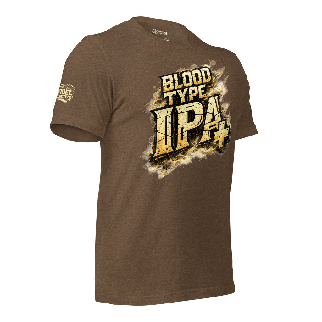 Brown front print t-shirt featuring distressed Blood Type IPA Positive beer humor graphic
