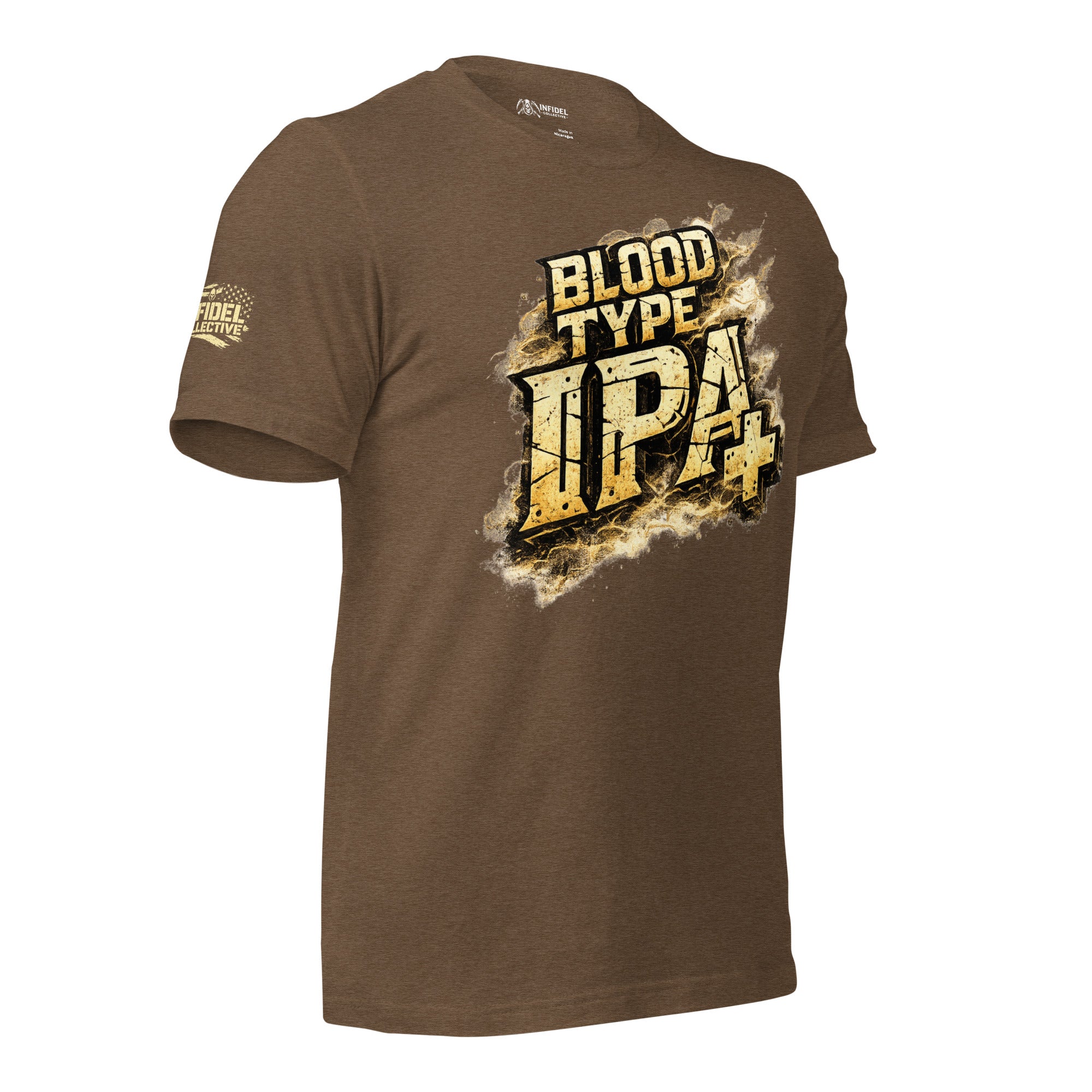 Brown front print t-shirt featuring distressed Blood Type IPA Positive beer humor graphic