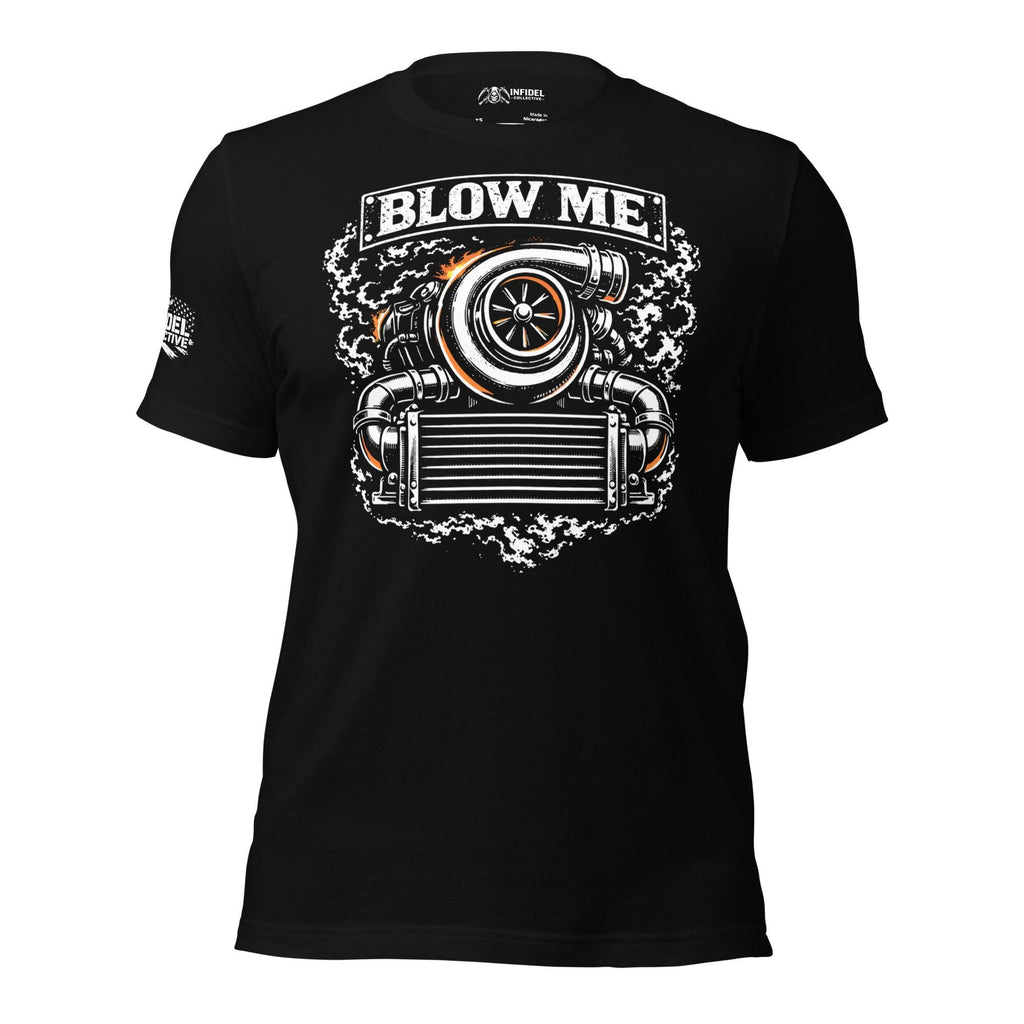 Blow Me blower engine graphic black tee from Infidel Collective