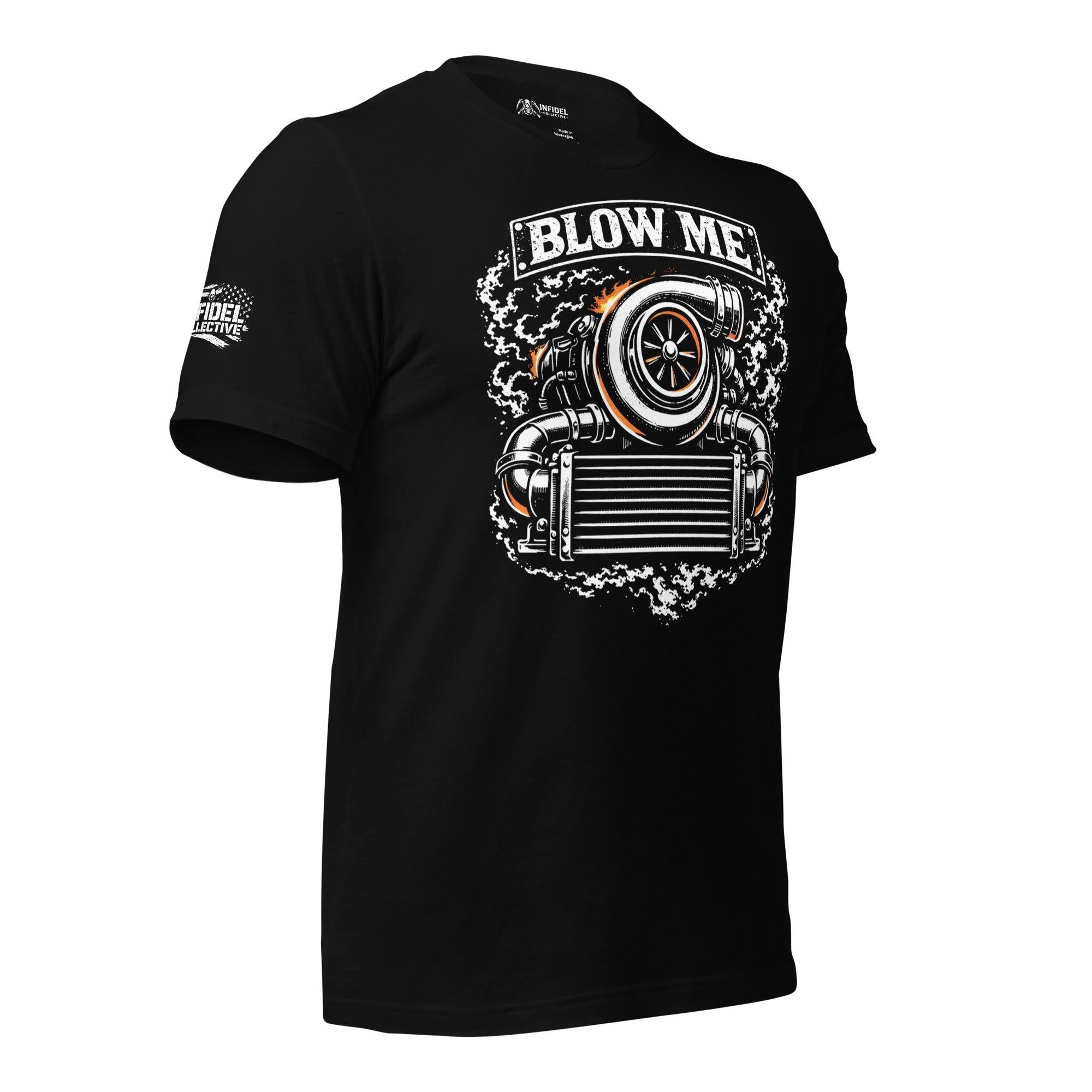 Blow Me blower engine graphic black tee from Infidel Collective