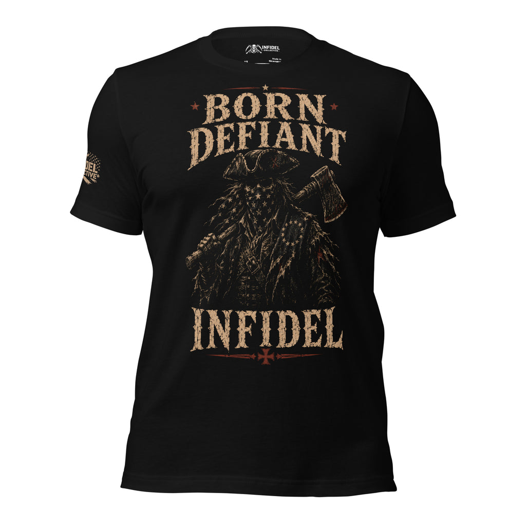 Born Defiant colonial man with axe graphic black tee from Infidel Collective