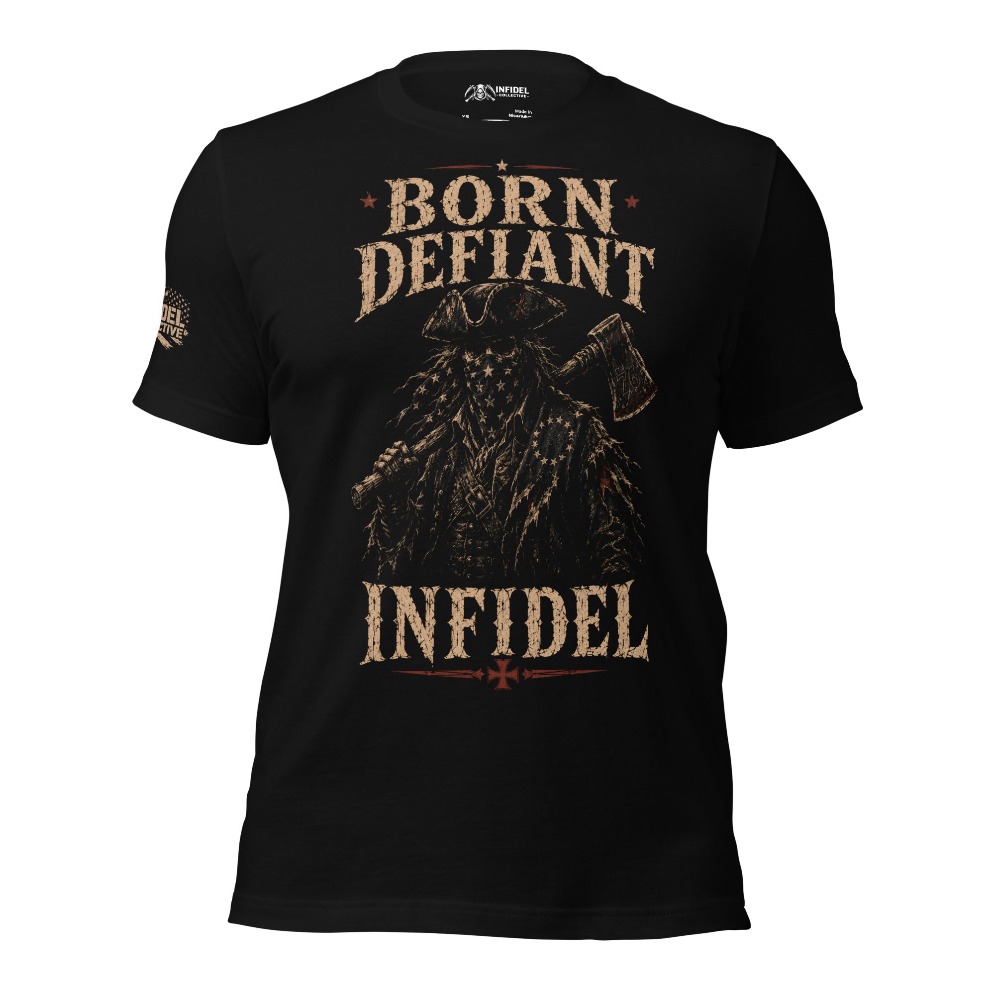Born Defiant colonial man with axe graphic black tee from Infidel Collective