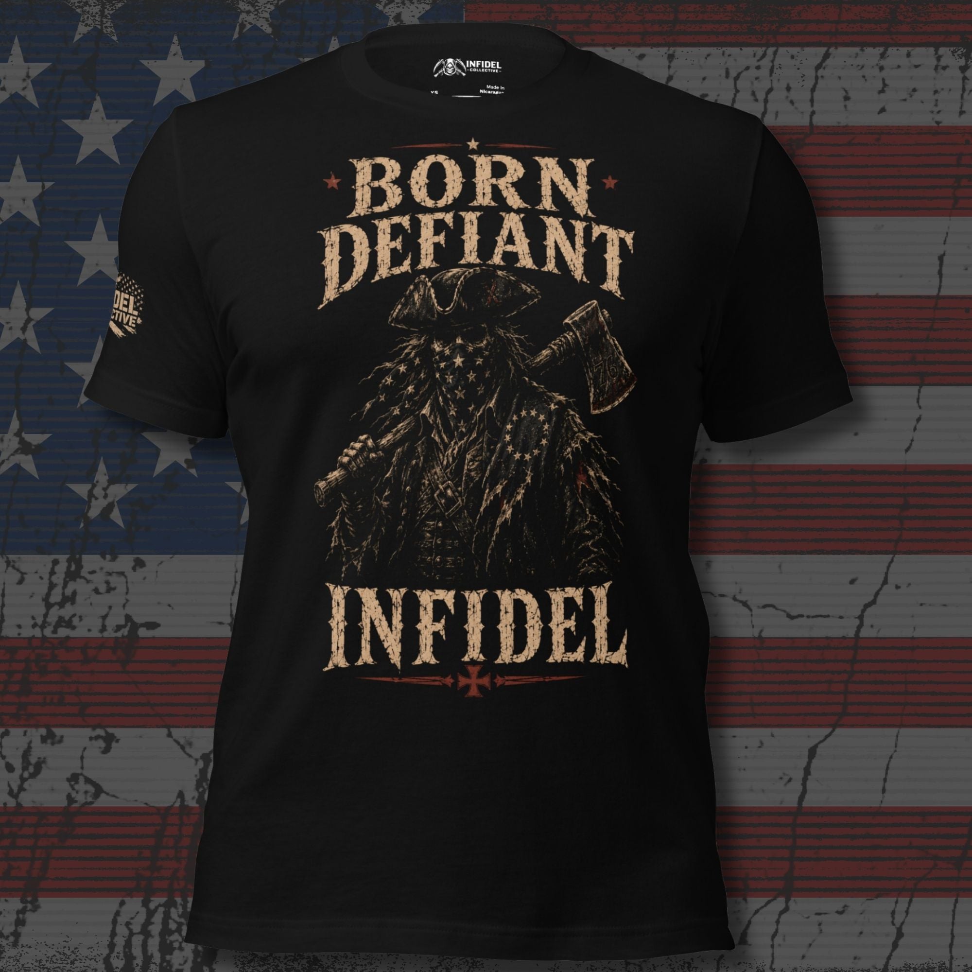 Born Defiant colonial man with axe graphic black tee from Infidel Collective