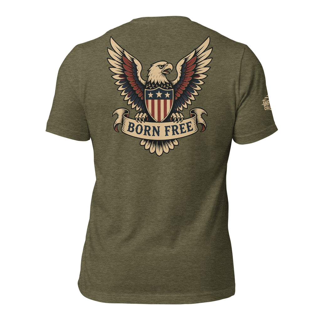 Heather olive tee with back print featuring a bald eagle holding a patriotic shield and a banner that reads Born Free
